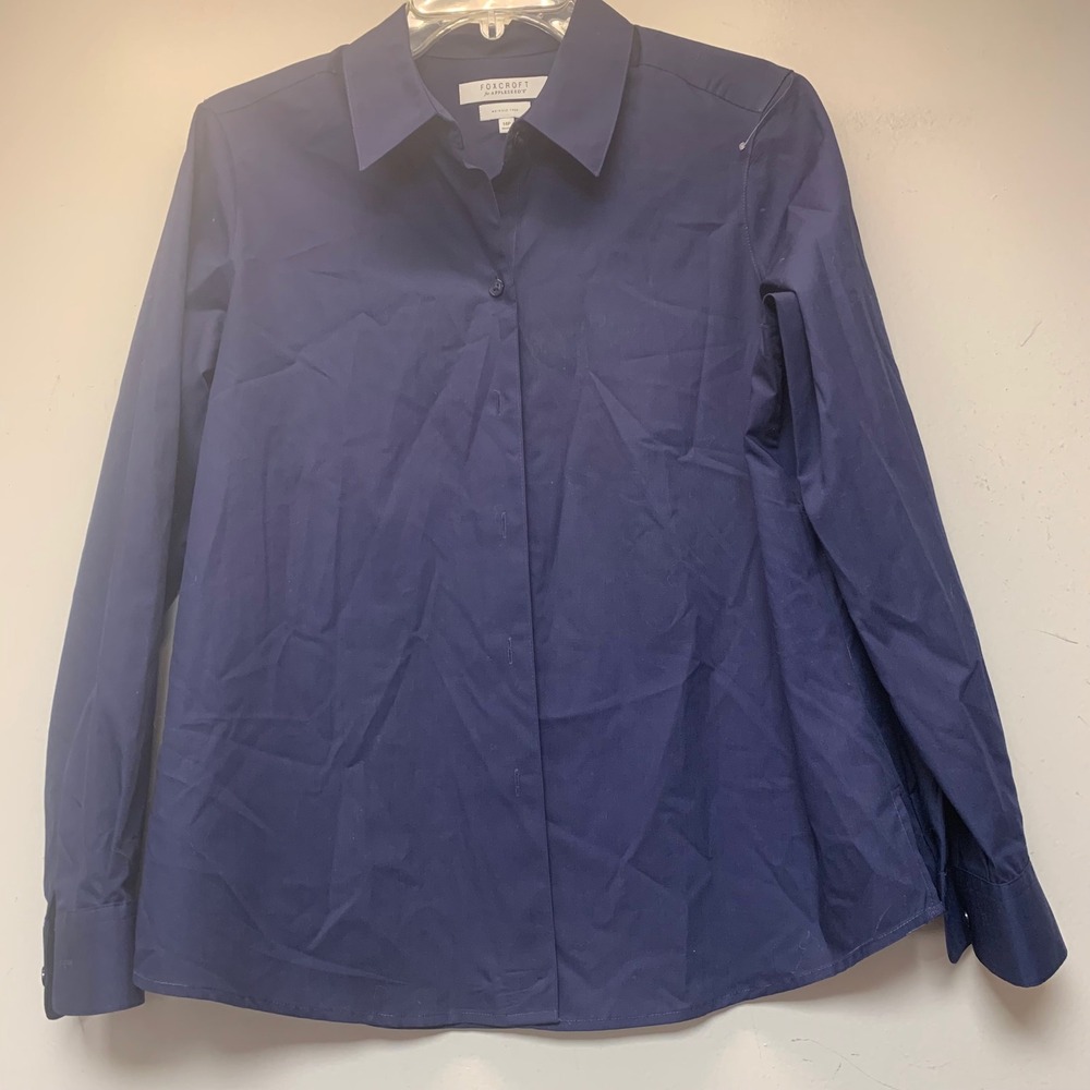 Foxcroft Button Down Shirt Womens 14P Navy Blue Excellent Wrinkle Free Shaped